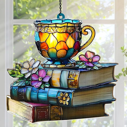 Jesuspirit - Window Hanging Suncatcher – Crystal Clear Acrylic & Wood Sun Catcher for Home Decor, for Women (Floral Book and Tea, 8 Inches)