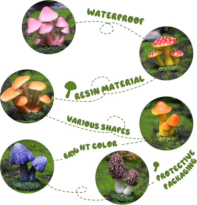 Mini Resin Mushroom Figurines, 6 Pieces Lawn Fairy Wild Garden Resin Bonsai Craft Decoration for Home DIY Micro Fairy Garden Landscape