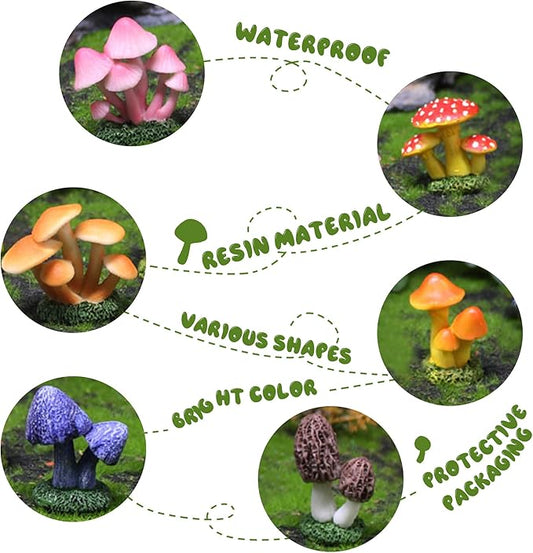Mini Resin Mushroom Figurines, 6 Pieces Lawn Fairy Wild Garden Resin Bonsai Craft Decoration for Home DIY Micro Fairy Garden Landscape