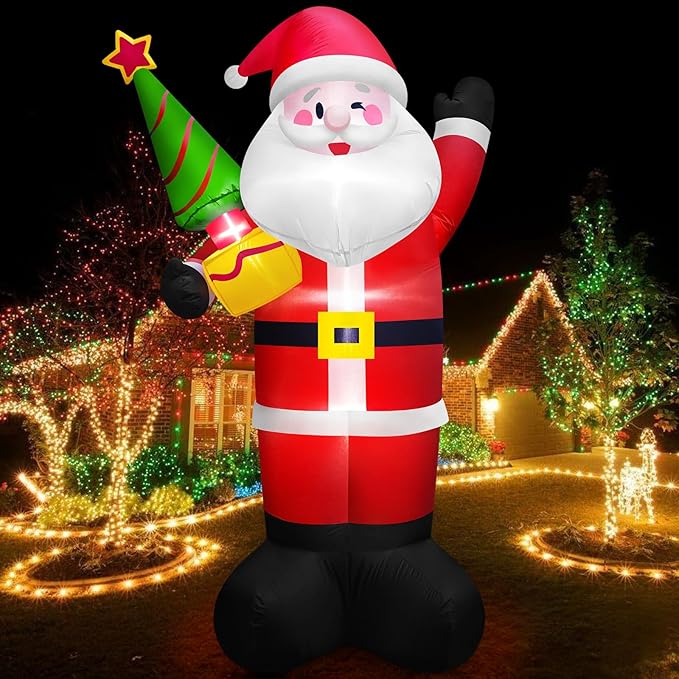 8 FT Tall Giant Santa Inflatable Christmas Decorations Outdoor Tree Blowups, Funny Cute Xmas Blow Up Yard Decoration Build-in LED Lights & Tethers Stakes Winter Holiday Indoor Party Garden Lawn Decor