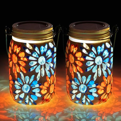 Starsoul 2 Pack Solar Lanterns Outdoor Waterproof, Mosaic Flowers Glass Solar Hanging Outdoor Lights, Decorative Solar Lantern for Outside Pathway Patio Porch Yard Decor