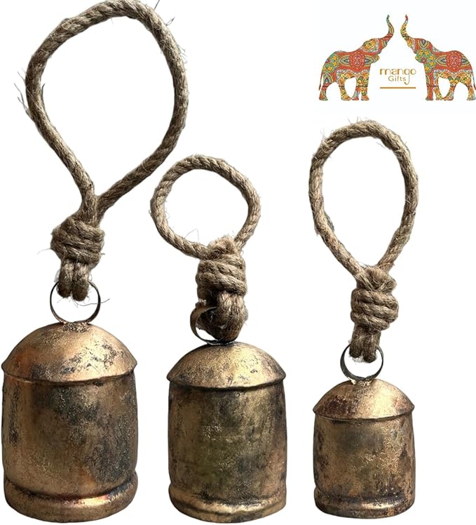 Mango Gifts Handmade Rustic Iron Tin Metal Vintage Harmony Bells Rustic Brass Country Style Large Bell Relaxing Tranquil Wind Chimes Christmas Hanging, Bells on Rope Set of 3 Pieces