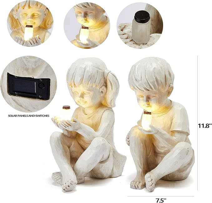Large Garden Children Statues Light Up Firefly Jar Solar Powered | Set of 2 Figurines | Girl & Boy Garden Yard Art Décor, Indoor & Outdoor Ornament Gifts for Lawn, Patio , 7.5" W x11. 8”H Cream Gift