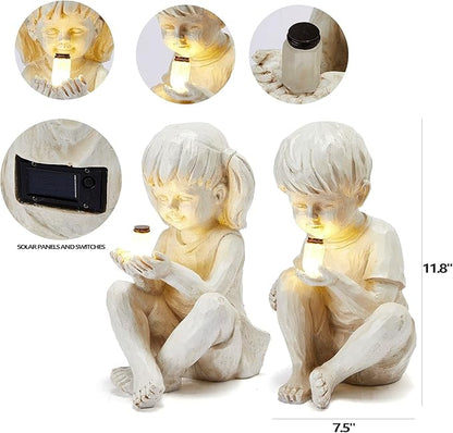 Large Garden Children Statues Light Up Firefly Jar Solar Powered | Set of 2 Figurines | Girl & Boy Garden Yard Art Décor, Indoor & Outdoor Ornament Gifts for Lawn, Patio , 7.5" W x11. 8”H Cream Gift