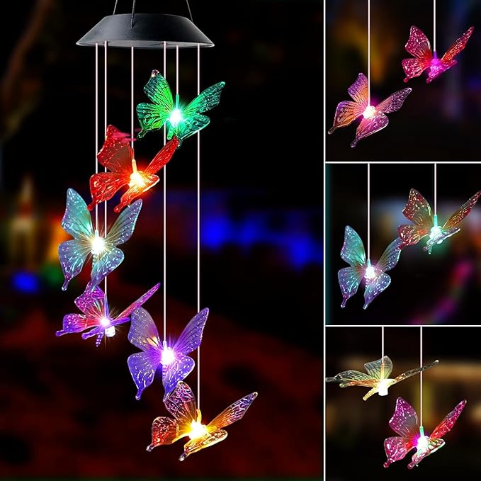 Solar Lights Outdoor Wind Chimes for Garden Yard Patio Porch Decor Hanging Butterfly Decorations, Birthday Gardening Gifts for Women