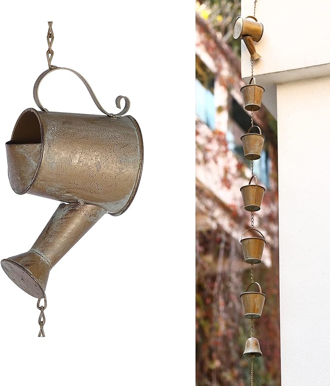 Jemeni 5 Ft Length Hanging Metal Rain Chime Decorative for Outdoor Garden, Watering Can & Buckets with Bell, Copper Patina…
