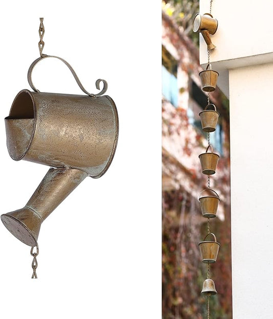 Jemeni 5 Ft Length Hanging Metal Rain Chime Decorative for Outdoor Garden, Watering Can & Buckets with Bell, Copper Patina…
