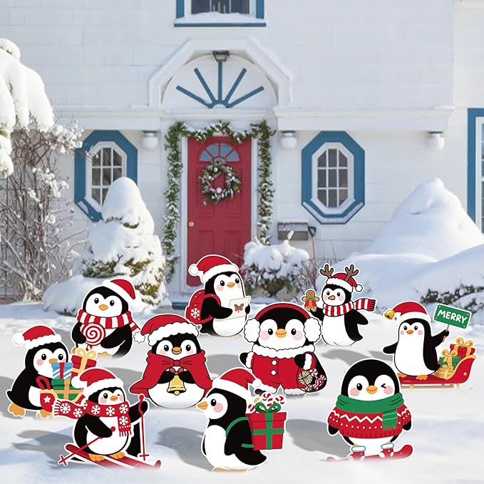 10-Piece Christmas Penguin Yard Signs with Stakes Decorations – 10 Assorted Designs 12 Inches Large Holiday Penguin Signs for Outdoor Garden and Lawn Winter Party Favor