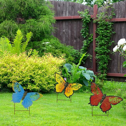 Aecipl Garden Decor Metal Butterfly Stakes Yard Sign Decorative Lawn Art Indoor Outdoor Plant Stake Patio Porch Pathway Backyard Decoration (Yellow)
