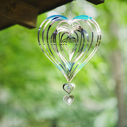 Wind Spinners Outdoor 3D Stainless Steel for Outside Christmas Heart Chimes Hanging Spinners Reflective Wind Chimes for Yard Garden Balcony Outdoor Decor(Silver)