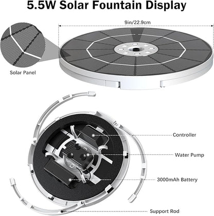 AISITIN Solar Fountain with Lights & 3000mAh Battery, 5.5W Solar Powered Water Pump with 8 Nozzles, 2026 Upgraded LED Solar Fountain Pump for Bird Bath, Garden, Pond, Patio, Fish Tank, Outdoor