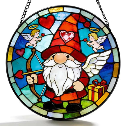 Funoasis Valentine's Day Stained Glass Suncatcher - 6.3 Inches Cupid Heart Gnome Ornament Window Hanging Decor for Home and Lover Gift