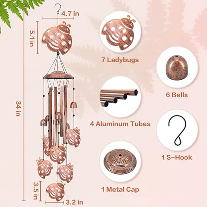 Ladybug Wind Chimes for Outside,Ladybug Gifts for Women Men/Memorial Gifts/Birthday Gift Metal windchimes Outdoors/Indoors,Garden Decor,Patio,Home,Porch,Yard Decorations