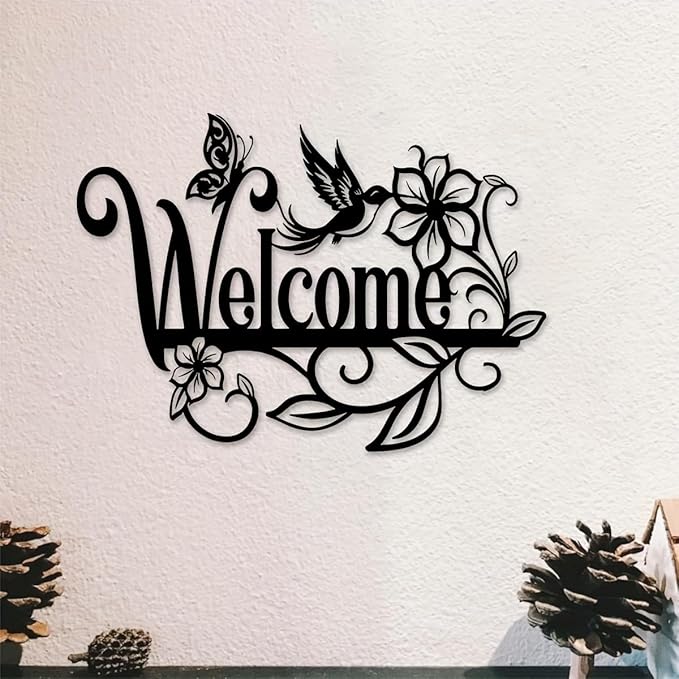 Welcome Sign Metal Wall Decor - Cursive Lettering with Floral Motifs, Vintage Outdoor Garden Art for Porch, Patio & Entryway - Durable Iron Construction - 15.75x11.34 Inch