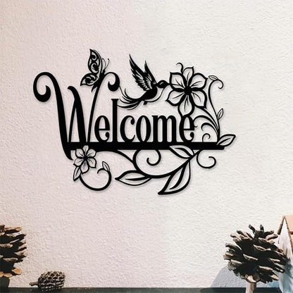 Welcome Sign Metal Wall Decor - Cursive Lettering with Floral Motifs, Vintage Outdoor Garden Art for Porch, Patio & Entryway - Durable Iron Construction - 15.75x11.34 Inch