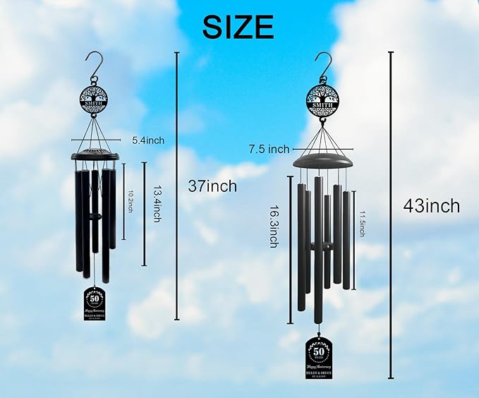Personalized Anniversary 37" Wind Chime with Custom Metal Name Signs, 15th 20th 25th 30th 35th 40th 50th 60th 65th 70th Any Year Anniversary Wedding Gift for Him or Her or Parents