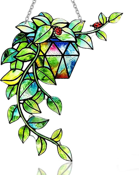 Plant Suncatcher Glass, Stained Glass Suncatcher Plant Window Hanging, Unique Nature Lover Gifts Leaf Idea