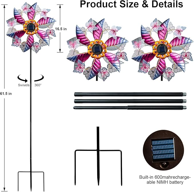 Solar Wind Spinner Outdoor Metal - Large Kinetic Garden Wind Spinners with Solar LED Lights, Waterproof Butterfly Yard Art Sculptures & Spinners for Patio, Lawn, Pathway, Backyard