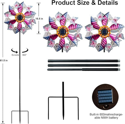 Solar Wind Spinner Outdoor Metal - Large Kinetic Garden Wind Spinners with Solar LED Lights, Waterproof Butterfly Yard Art Sculptures & Spinners for Patio, Lawn, Pathway, Backyard