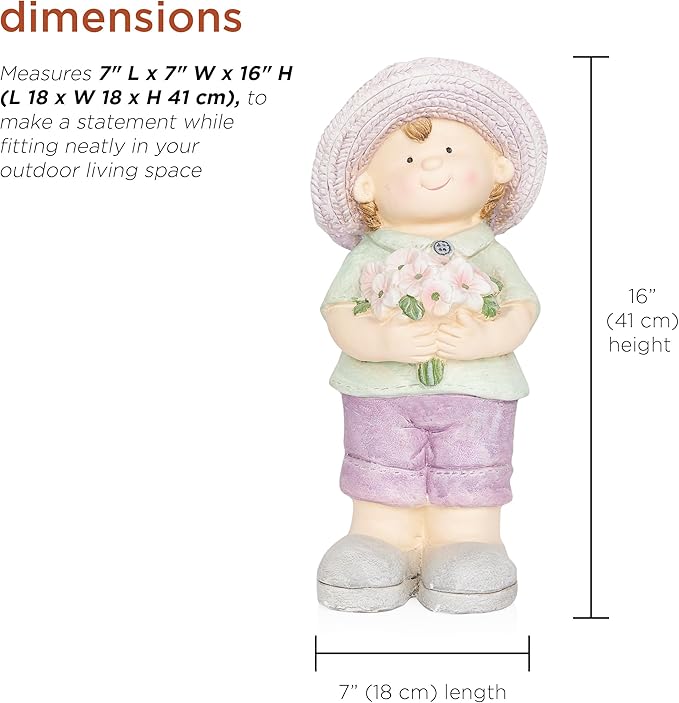 Alpine Corporation QWR1458 Outdoor Little Boy with Flowers Garden Statue, Playful Child Statue for Yard, 16" H, Purple
