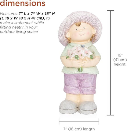 Alpine Corporation QWR1458 Outdoor Little Boy with Flowers Garden Statue, Playful Child Statue for Yard, 16" H, Purple