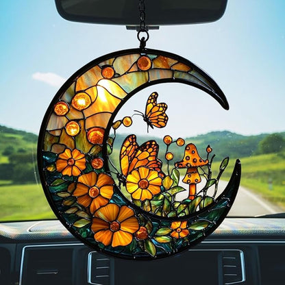Floral Cresent Moon Acrylic Suncatcher Stained Glass Effect Window Car Hanging Christmas Ornament Indoor Outdoor Decor Garden Sun Catcher Panel for Boho Lover for Women Mom Grandma