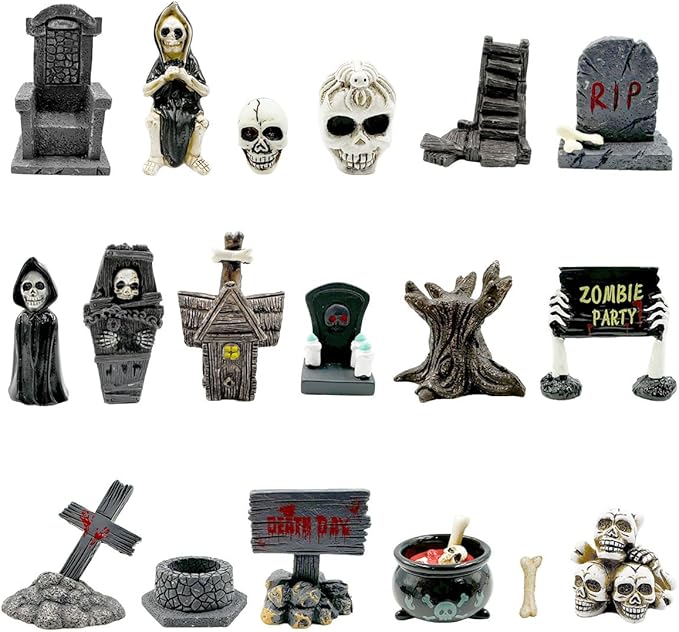 Suartus Halloween Miniature Figurines - 18Pcs Resin Ghost Tombstones Skull Heads Scene Ornaments Halloween Garden Accessories Mini Figurine Decorations for Outdoor Statues Home Village Crafts Decor