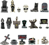 Suartus Halloween Miniature Figurines - 18Pcs Resin Ghost Tombstones Skull Heads Scene Ornaments Halloween Garden Accessories Mini Figurine Decorations for Outdoor Statues Home Village Crafts Decor