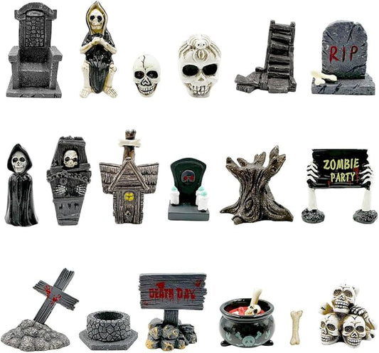 Suartus Halloween Miniature Figurines - 18Pcs Resin Ghost Tombstones Skull Heads Scene Ornaments Halloween Garden Accessories Mini Figurine Decorations for Outdoor Statues Home Village Crafts Decor