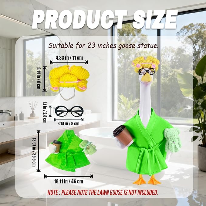 Lady Porch Goose Outfits,Bathrobe Porch Goose Statue Costume with Curlers Reading Glasses Coffee Cup Towel, Cute Goose Clothes for 23-Inch Cement Statue, Lawn Yard Garden Patio Decor(Green)