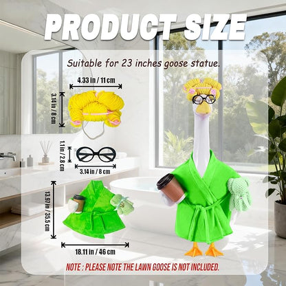 Lady Porch Goose Outfits,Bathrobe Porch Goose Statue Costume with Curlers Reading Glasses Coffee Cup Towel, Cute Goose Clothes for 23-Inch Cement Statue, Lawn Yard Garden Patio Decor(Green)
