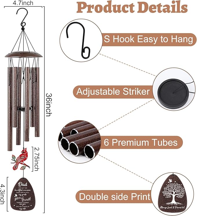 Memorial Gifts for Loss of Dad - 36'' Memorial Wind Chimes for Outside, Sympathy Bereavement Condolence Grief Remembrance Funeral Gifts for Loss of Father Love One, with S Hook Greeting Card