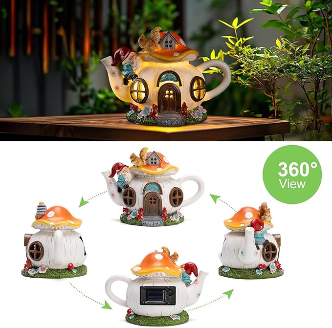 twinbling Solar Fairy House Garden Outdoor Statue with Gnome and Squirrel Figurine, Fairy Garden Accessories for Patio, Lawn, Yard & Balcony, Gifts for Mom Grandma