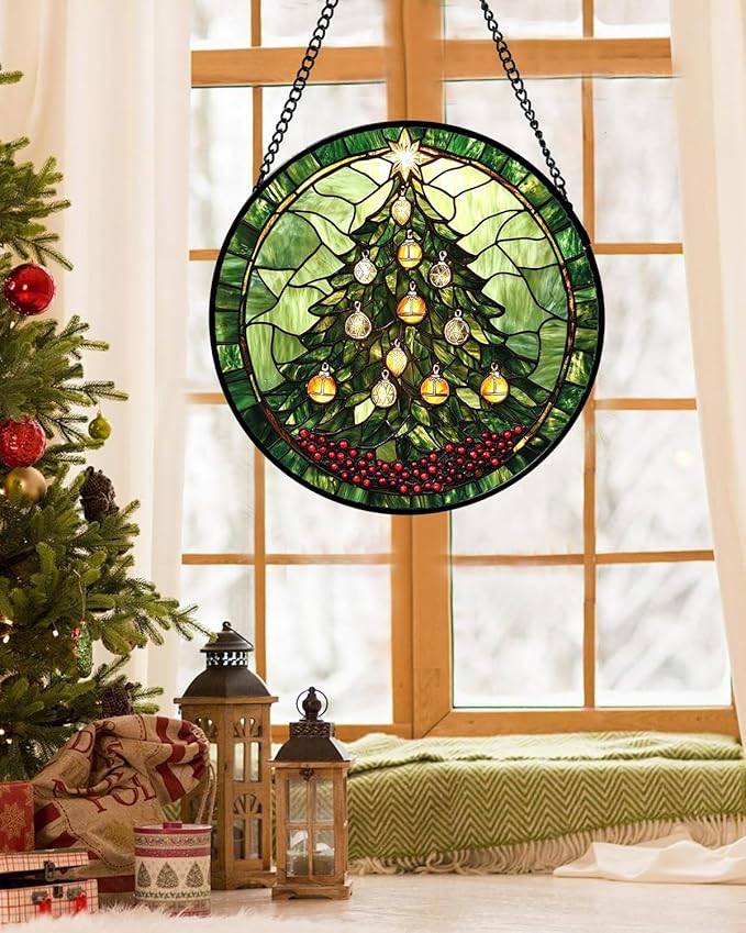 DASTOLL Stained Glass Window Hanging - Green Christmas Tree Golden Bells Suncatcher for Doors Home Christmas Decoration Sun Catcher Thanksgiving New Year Birthday Gift for Women Men Mom Nana 11.8 in