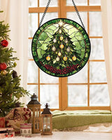 DASTOLL Stained Glass Window Hanging - Green Christmas Tree Golden Bells Suncatcher for Doors Home Christmas Decoration Sun Catcher Thanksgiving New Year Birthday Gift for Women Men Mom Nana 11.8 in