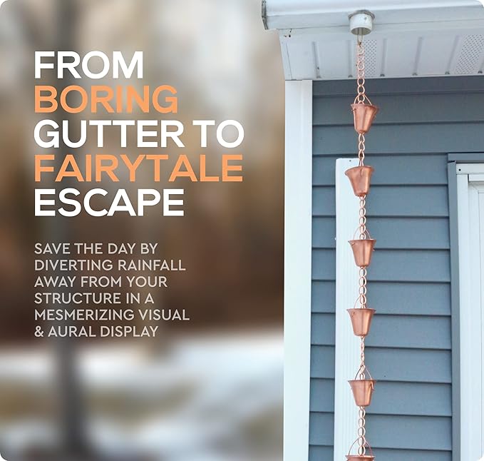 Copper Rain Chain – Decorative Chimes & Cups Replace Gutter Downspout & Divert Water Away from Home for Stunning Fountain Display – 3’ Long for Universal Fit – Bell Style