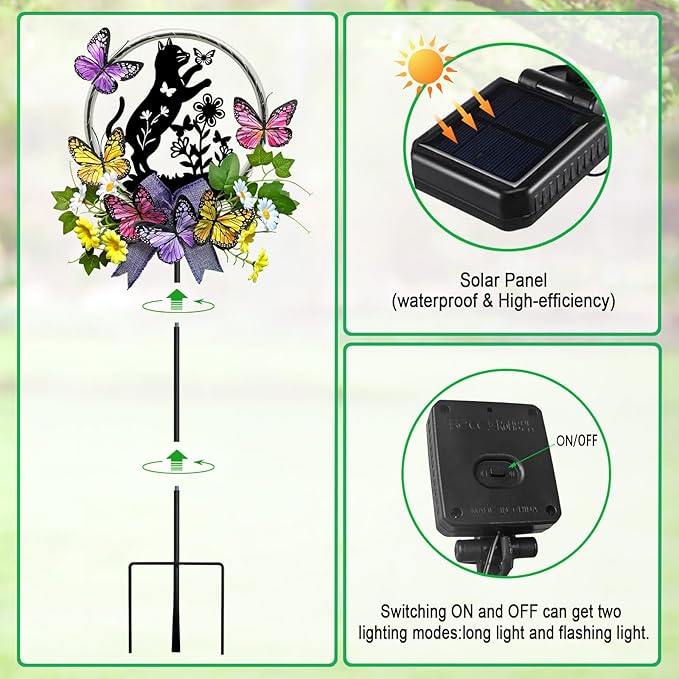 Cat Solar Lights Outdoor Garden,Silhouette Cat with Butterflies Waterproof Garden Stake for Yard, Lawn,Best Gifts for Women
