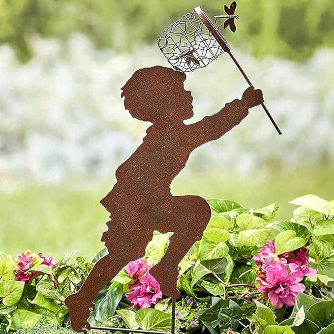 Boy Girl Silhouettes Chasing Butterfly Metal Vintage Garden Silhouette Sculpture Yard Garden Metal Stake Decor