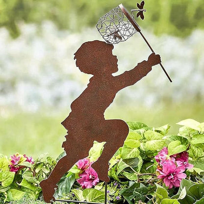 Boy Girl Silhouettes Chasing Butterfly Metal Vintage Garden Silhouette Sculpture Yard Garden Metal Stake Decor