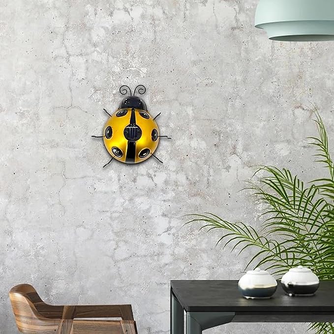 keeda Solar Ladybugs Garden Decor, Waterproof 5.5 Inch Metal Lady Bugs Cute Wall Art LED Garden Light Outside Decor for Porch Lawn Patio Balcony Pathway (Yellow)
