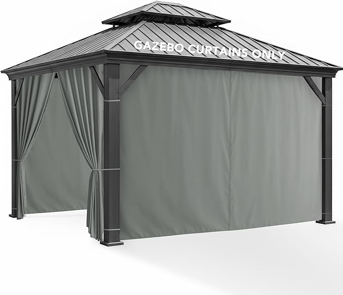 Patio Curtains Outdoor Waterproof - 10'Wx12'Lx7'H Weatherproof Pergola Outside Curtains, Gazebo Universal Replacement Privacy Curtains, 4 Panels Sidewall Drapes with Zipper, Grey
