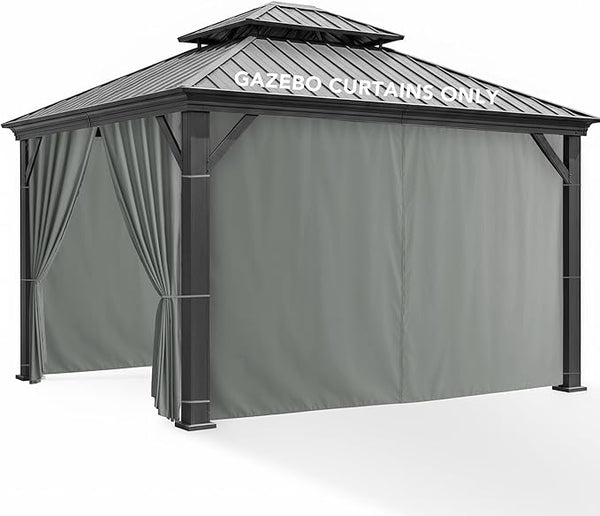 Patio Curtains Outdoor Waterproof - 10'Wx12'Lx7'H Weatherproof Pergola Outside Curtains, Gazebo Universal Replacement Privacy Curtains, 4 Panels Sidewall Drapes with Zipper, Grey