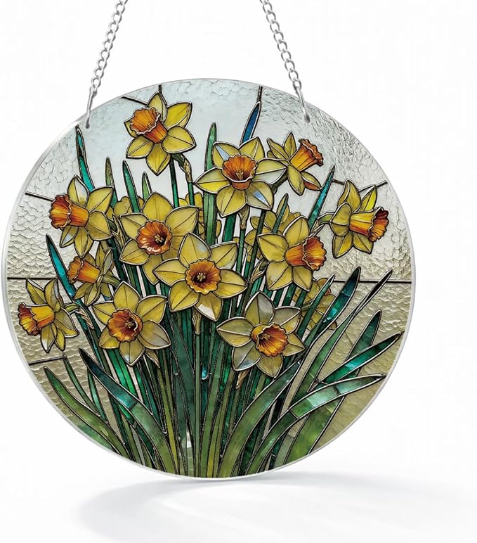 Daffodil Plant Flowers Sun Catchers, Acrylic Hanging Suncatcher for Home Garden Decor, Housewarming Decor, Birthday Gift for Women, Men, Wife, Aunt, and Mom, Flower Lover Gift
