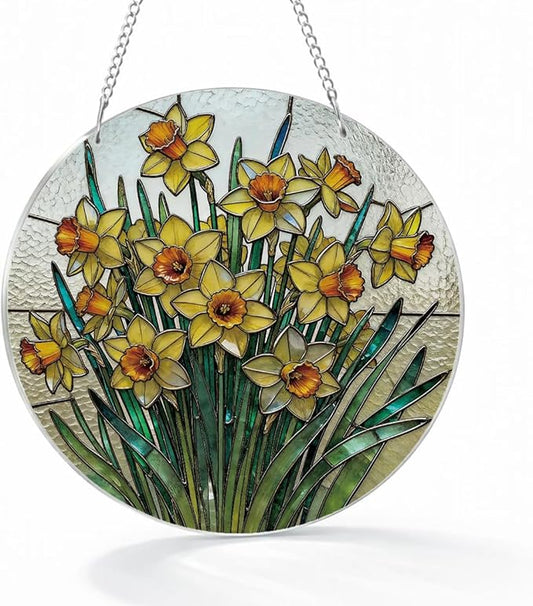 Daffodil Plant Flowers Sun Catchers, Acrylic Hanging Suncatcher for Home Garden Decor, Housewarming Decor, Birthday Gift for Women, Men, Wife, Aunt, and Mom, Flower Lover Gift
