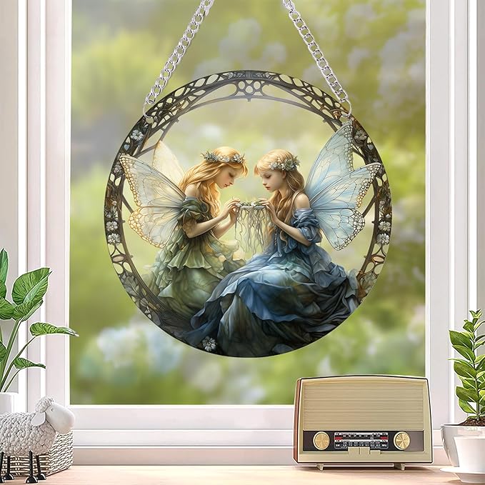 1PC Flower Fairy Acrylic Stained Glass Suncatcher Nature Round Flowers and Girls Suncatcher Hanging Decoration with Metal Chain-SunCatchers for Window Decor Outdoor Garden Decor Gift (A)