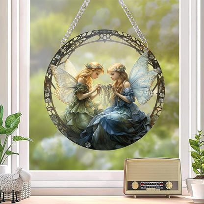 1PC Flower Fairy Acrylic Stained Glass Suncatcher Nature Round Flowers and Girls Suncatcher Hanging Decoration with Metal Chain-SunCatchers for Window Decor Outdoor Garden Decor Gift (A)