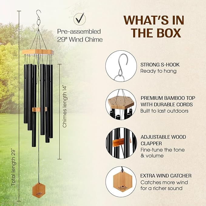 UpBlend Deep Tone Wind Chime – Outdoor Sympathy & Memorial Gift for The Loss of a Loved One, Memorial Wind Chimes, Thoughtful Sympathy Gift for Bereavement and Remembrance. 29" Black