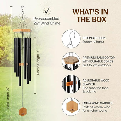 UpBlend Deep Tone Wind Chime – Outdoor Sympathy & Memorial Gift for The Loss of a Loved One, Memorial Wind Chimes, Thoughtful Sympathy Gift for Bereavement and Remembrance. 29" Black