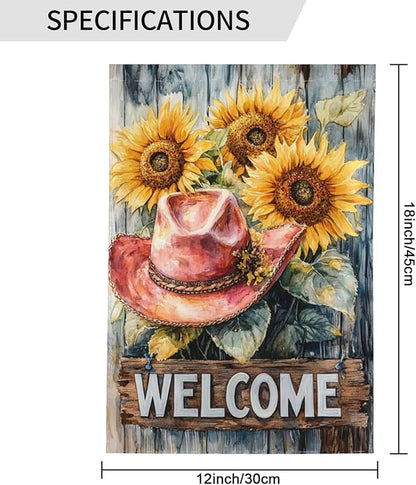 Welcome Cowgirl Sunflower Garden Flags 12×18 Inch Double Sided Decorative Yard Banner Seasonal Flag for Outdoor Outside Decor