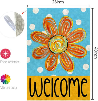 CROWNED BEAUTY Summer Floral House Flag Double Sided 28x40 Inches Large Burlap Seasonal Welcome Yard Porch Decoration for Outside (Blue) CF1838-40